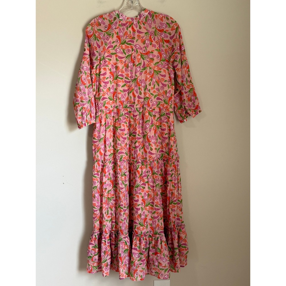 Banjanan Midi Dress Womens XS Pink Floral Cotton Pintuck Tiered Boho - Picture 3 of 9